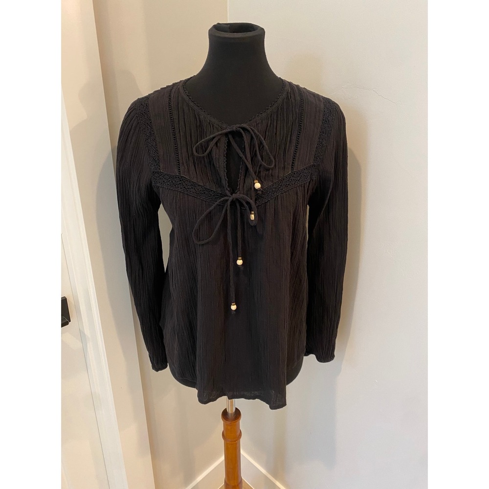 Kivari Black Crinkle Gauze Lace Trim Tie Front Boho Blouse Top Medium